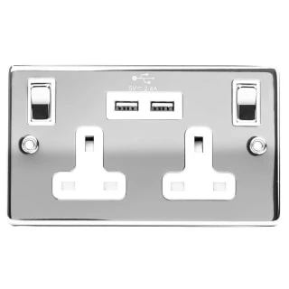 Chrome Double USB 2 Gang Wall Socket 3 Chrome Double USB 2 Gang Wall Socket