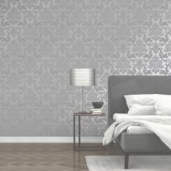 Platina Damask Wallpaper - Charcoal & Silver