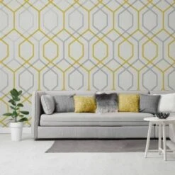 Oria Glitter Hex Wallpaper - Yellow & Grey