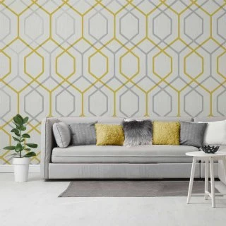 Oria Glitter Hex Wallpaper - Yellow & Grey 3 Oria Glitter Hex Wallpaper - Yellow & Grey